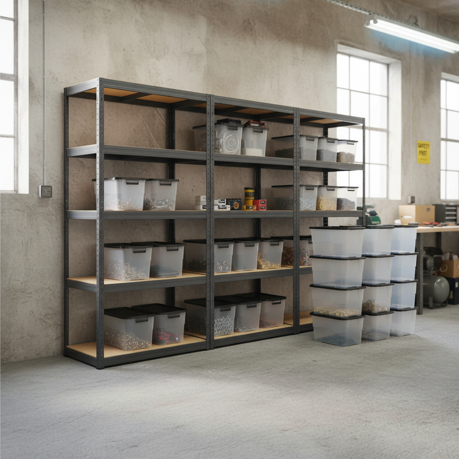 3x Heavy Duty Shelving Units - 1800mm High - Grey with 12x 24L Storage Boxes - Front view