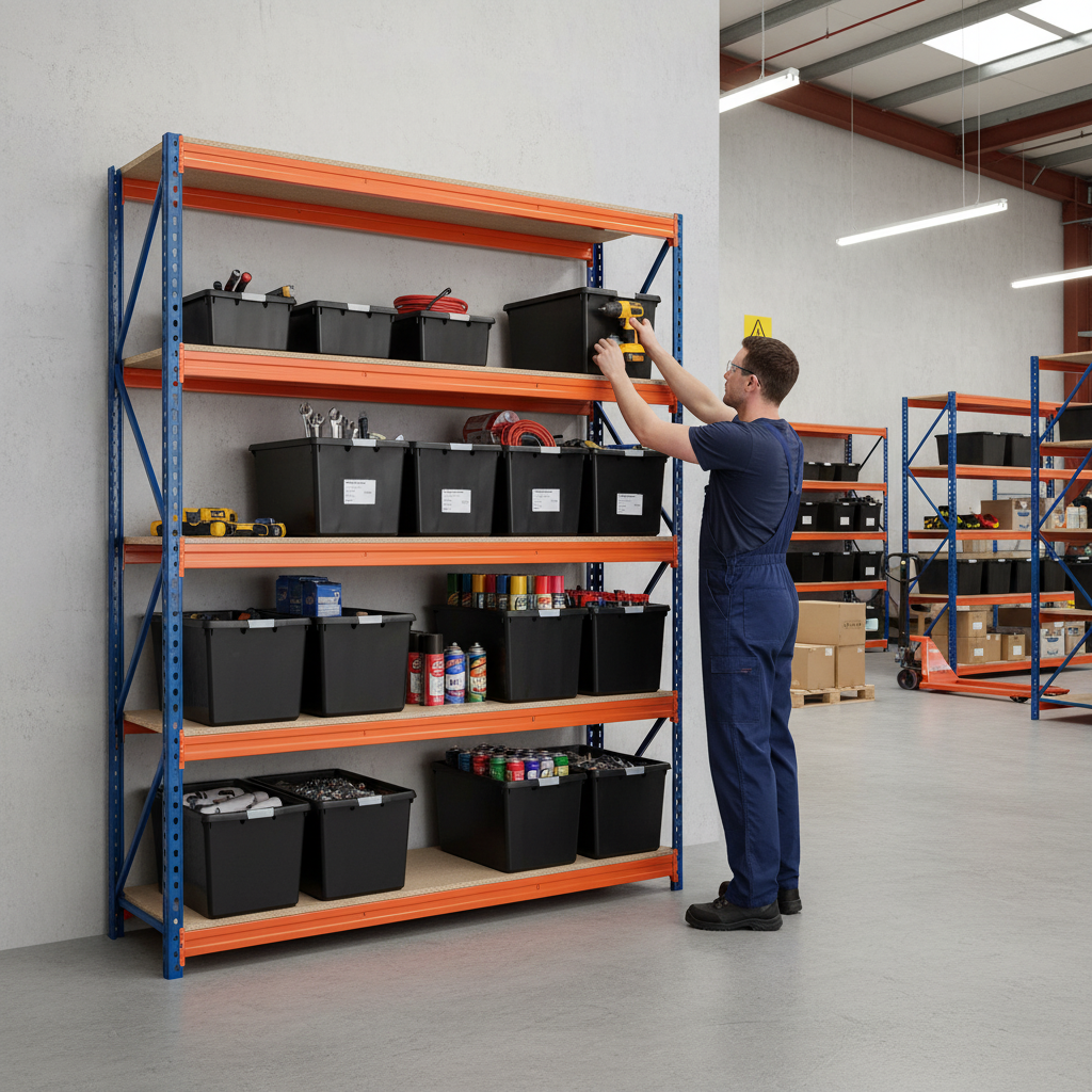 Premium Heavy Duty Shelving - 2000mm High with 12x 37L Plastic Storage Boxes - Side view