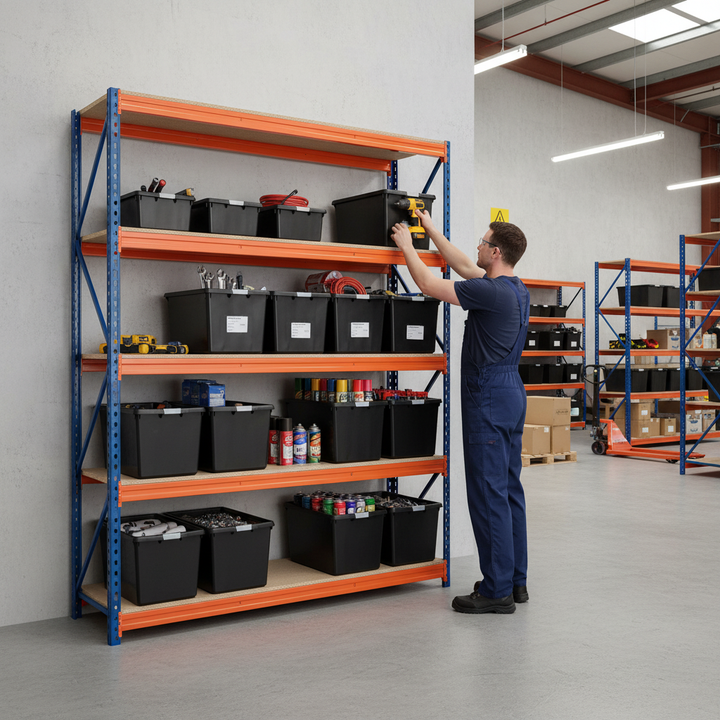 Premium Heavy Duty Shelving - 2000mm High with 12x 37L Plastic Storage Boxes - Side view