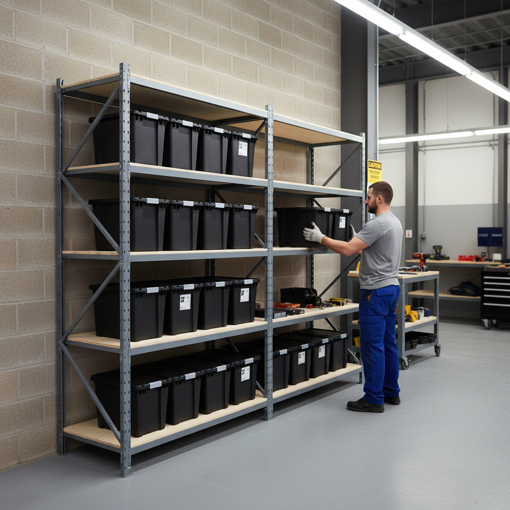 3x Heavy Duty Shelving - 1600mm High - Grey with 8x 37L Plastic Storage Boxes - Front view