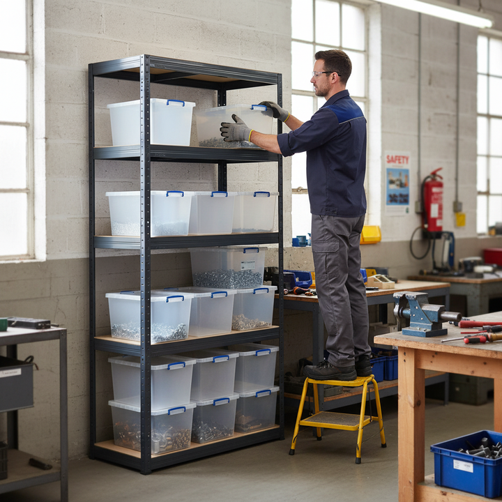 Heavy Duty Shelving Unit - 2130mm High - Grey with 12x 33.5L Storage Boxes - Front view