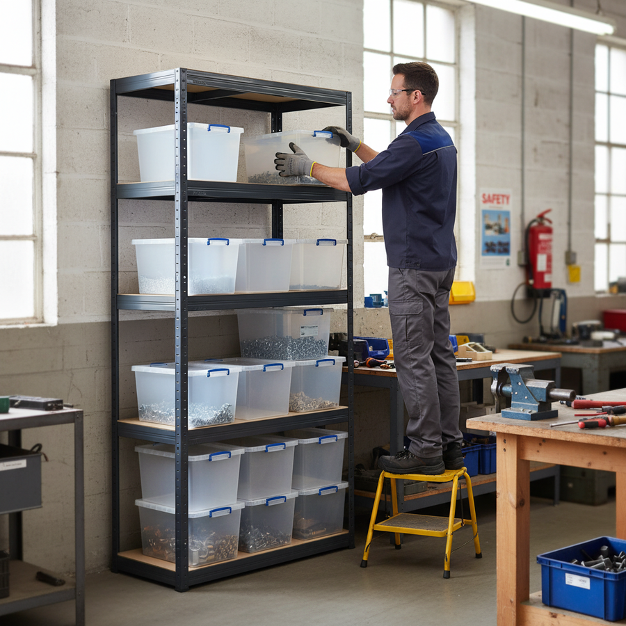 Heavy Duty Shelving Unit - 2130mm High - Grey with 12x 33.5L Storage Boxes - Front view