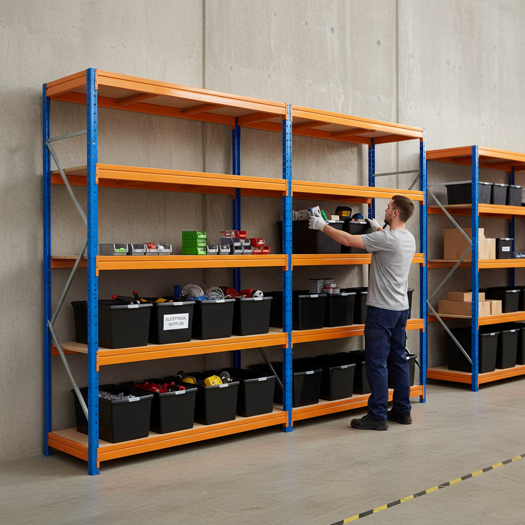 2x Premium Heavy Duty Shelving - 1770mm High - Blue & Orange with 12x 62L Plastic Storage Boxes - Side view