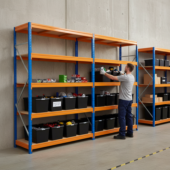 2x Premium Heavy Duty Shelving - 1770mm High - Blue & Orange with 12x 62L Plastic Storage Boxes - Side view