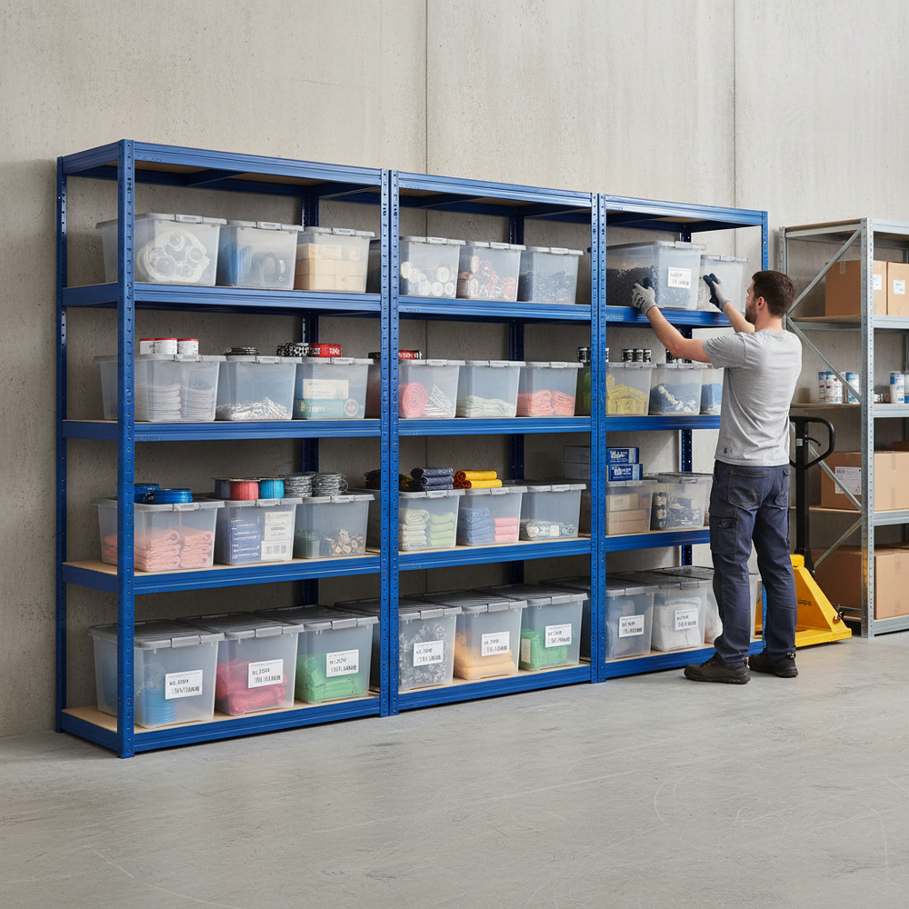 Heavy Duty Shelving Units with 20x 37L Plastic Storage Boxes - 1800mm High - Side view