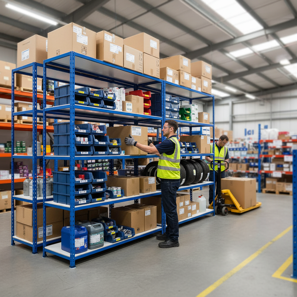 Premium Industrial Shelving Unit - 2440mm High - 200kg Capacity - Melamine - Blue Finish - Side view