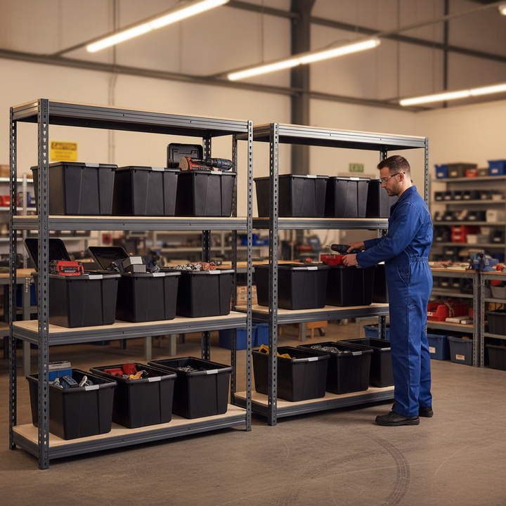 Heavy Duty Shelving with 12x 62L Plastic Storage Boxes - 1800mm High - Side view