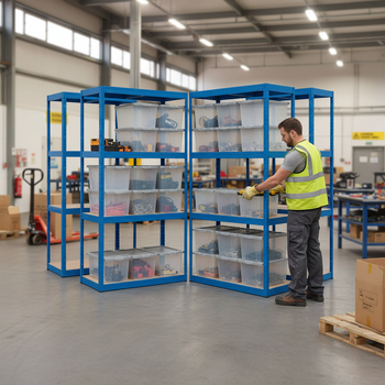 4x Heavy Duty Shelving Units - 1600mm High with 12x 60L Plastic Storage Boxes