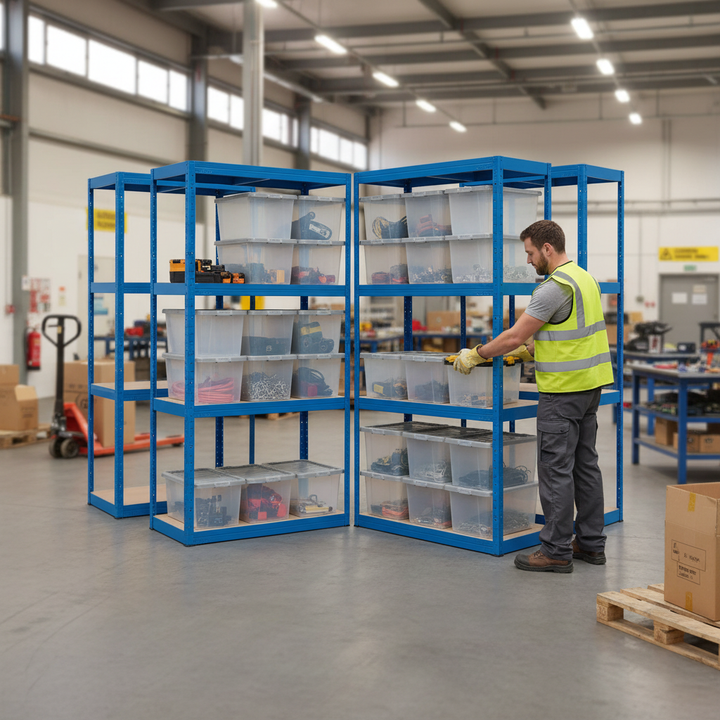 4x Heavy Duty Shelving Units - 1600mm High with 12x 60L Plastic Storage Boxes - Front view