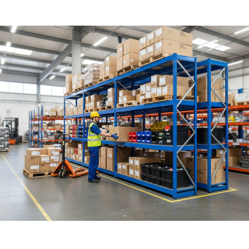 3x Heavy Duty Industrial Shelving - 1677mm High - 400kg Capacity - Steel - Blue - Side view