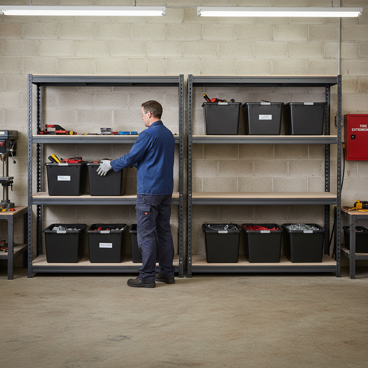 2x Premium Heavy Duty Shelving - 1800mm High - Grey with 8x 37L Plastic Storage Boxes - Front view