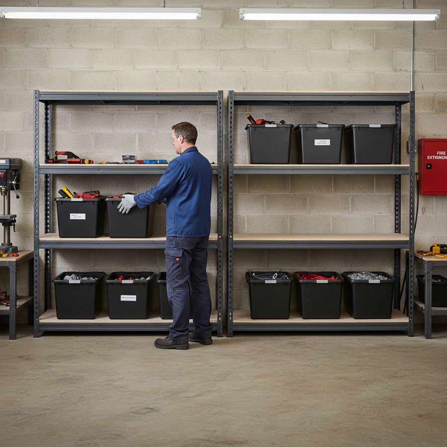 2x Premium Heavy Duty Shelving - 1800mm High - Grey with 8x 37L Plastic Storage Boxes - Front view