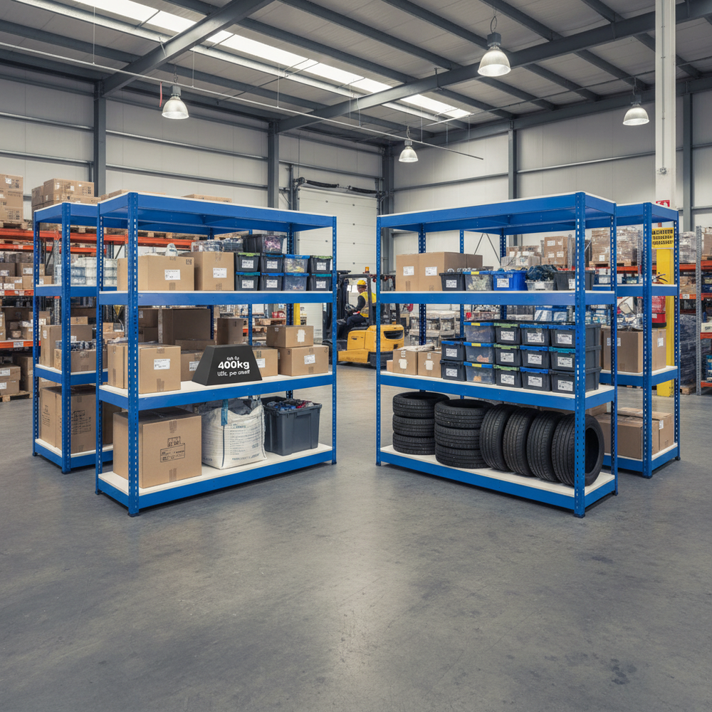 Heavy Duty Industrial Shelving - 1980mm High - 400kg Capacity - Blue Melamine - Side view