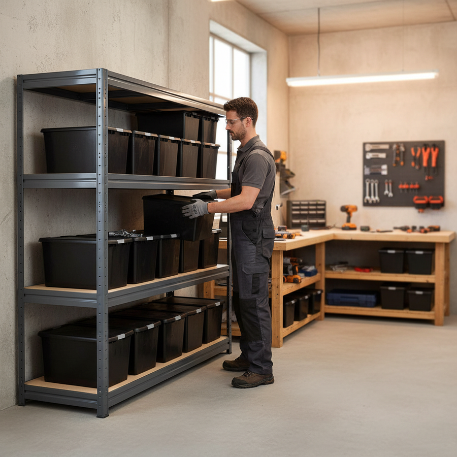 2x Heavy Duty Shelving - 1770mm High - Grey with 12x 37L Plastic Storage Boxes - Front view