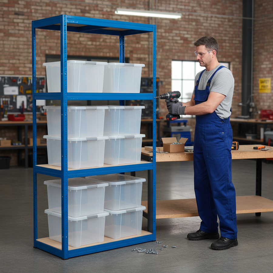 Heavy Duty Shelving Unit - 1600mm High with 8x 60L Plastic Storage Boxes - Front view