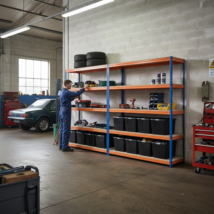 4x Premium Heavy Duty Shelving - 2000mm High with 12x 62L Storage Boxes - Side view