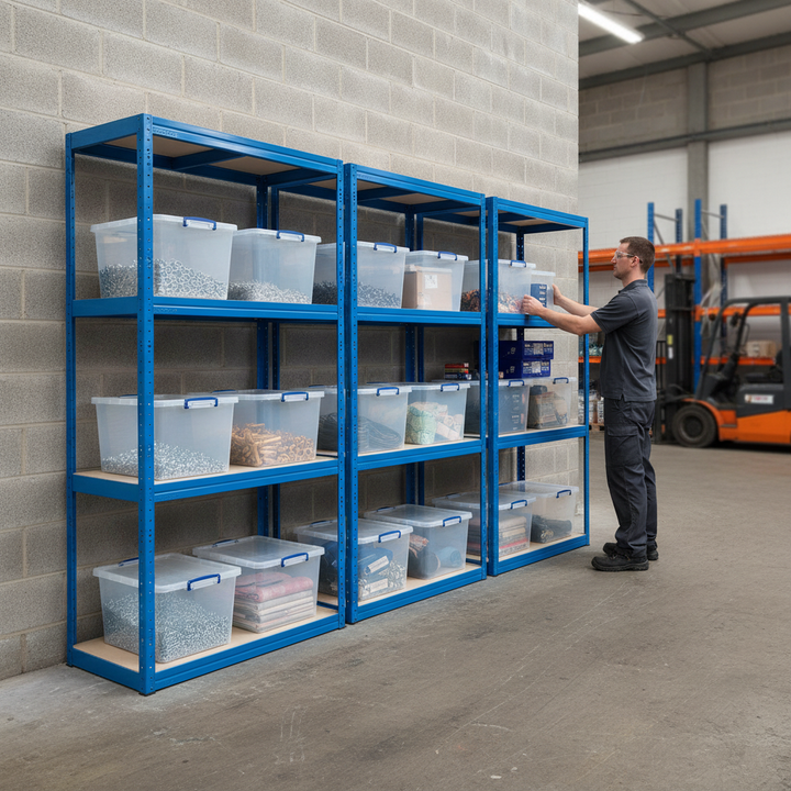 4 Premium Shelving Units - 1600mm High - Blue with 12x 33.5L Storage Boxes - Side view