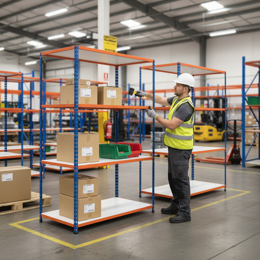 Premium 4x Industrial Shelving - 1980mm High - 340kg Capacity - Melamine - Blue & Orange - Front view