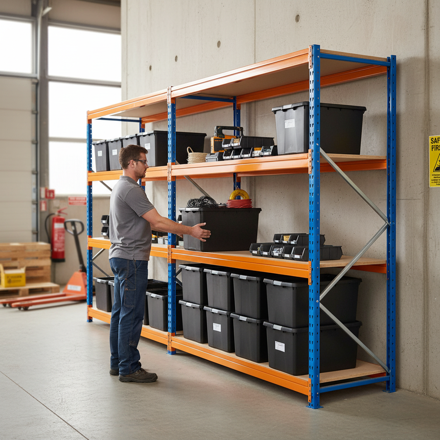 Premium Heavy Duty Shelving - 1770mm High - Blue & Orange with 12x 37L Plastic Storage Boxes - Front view