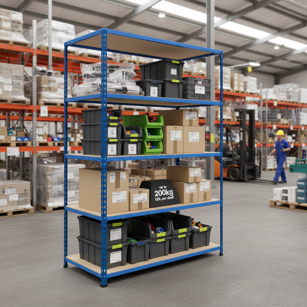 High-Performance Industrial Shelving - 2440mm High - 200kg Capacity - Chipboard - Blue - Side view