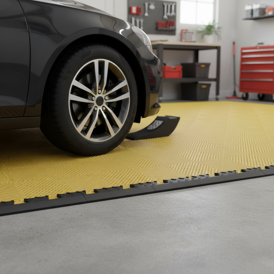 Premium Garage Interlocking Ramped Female Edges - All Patterns - Yellow/Black - Front view