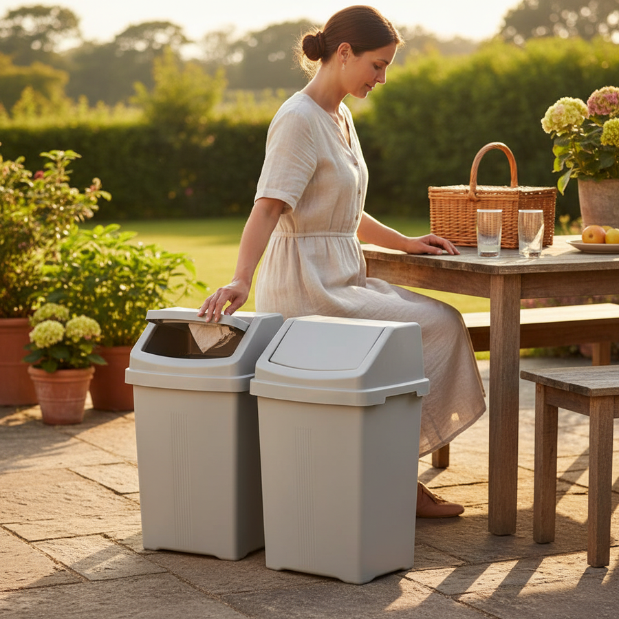 2 Pack 25L Premium Upcycled Swing Bin - Grey - Front view