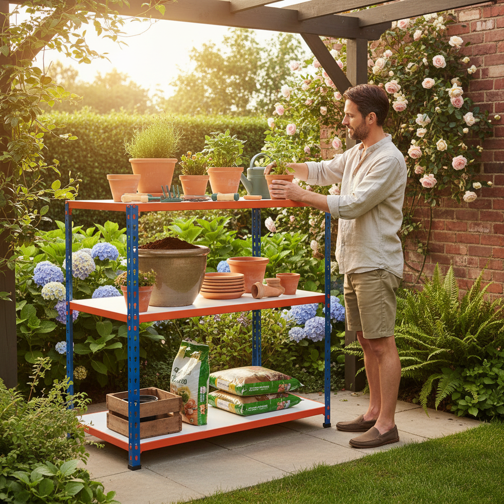 Heavy Duty Workbench - 915mm High - 200kg Capacity - Melamine - Blue/Orange - Side view