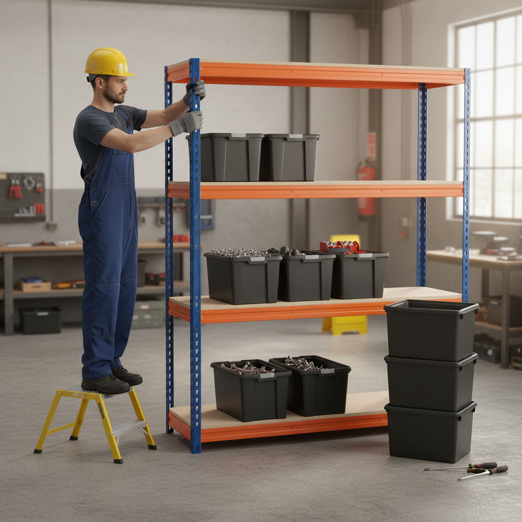 2x Heavy Duty Shelving - 2000mm High - Blue & Orange with 8x 37L Plastic Storage Boxes - Front view