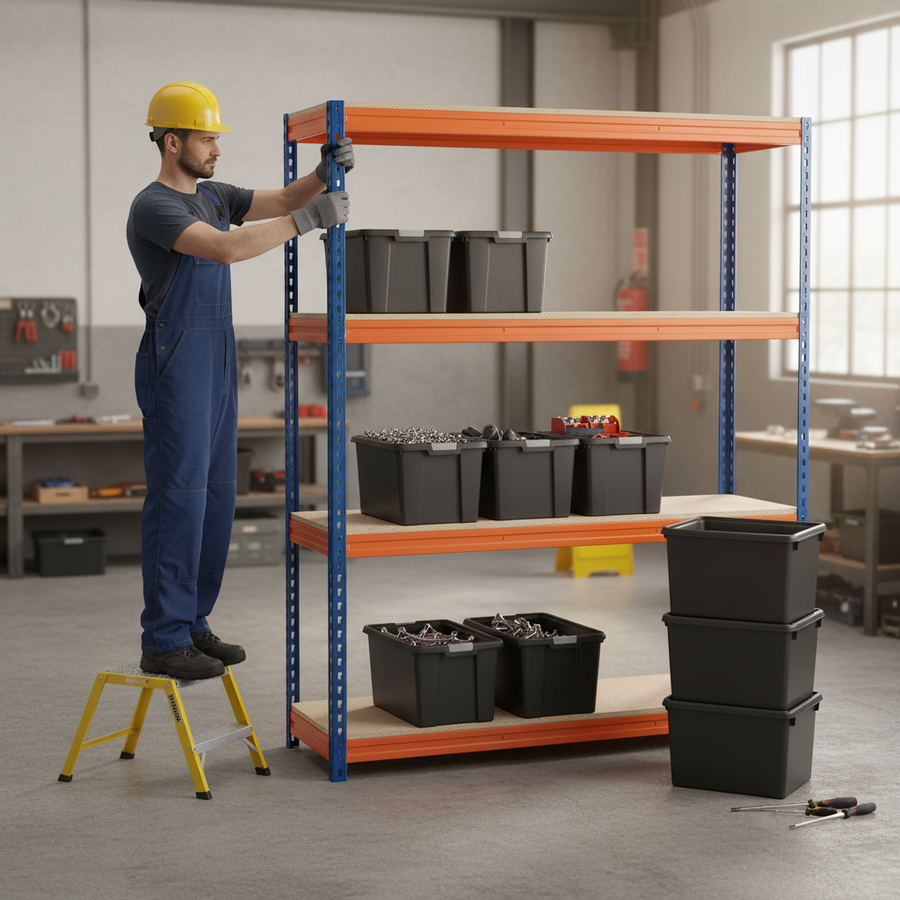 2x Heavy Duty Shelving - 2000mm High - Blue & Orange with 8x 37L Plastic Storage Boxes - Front view