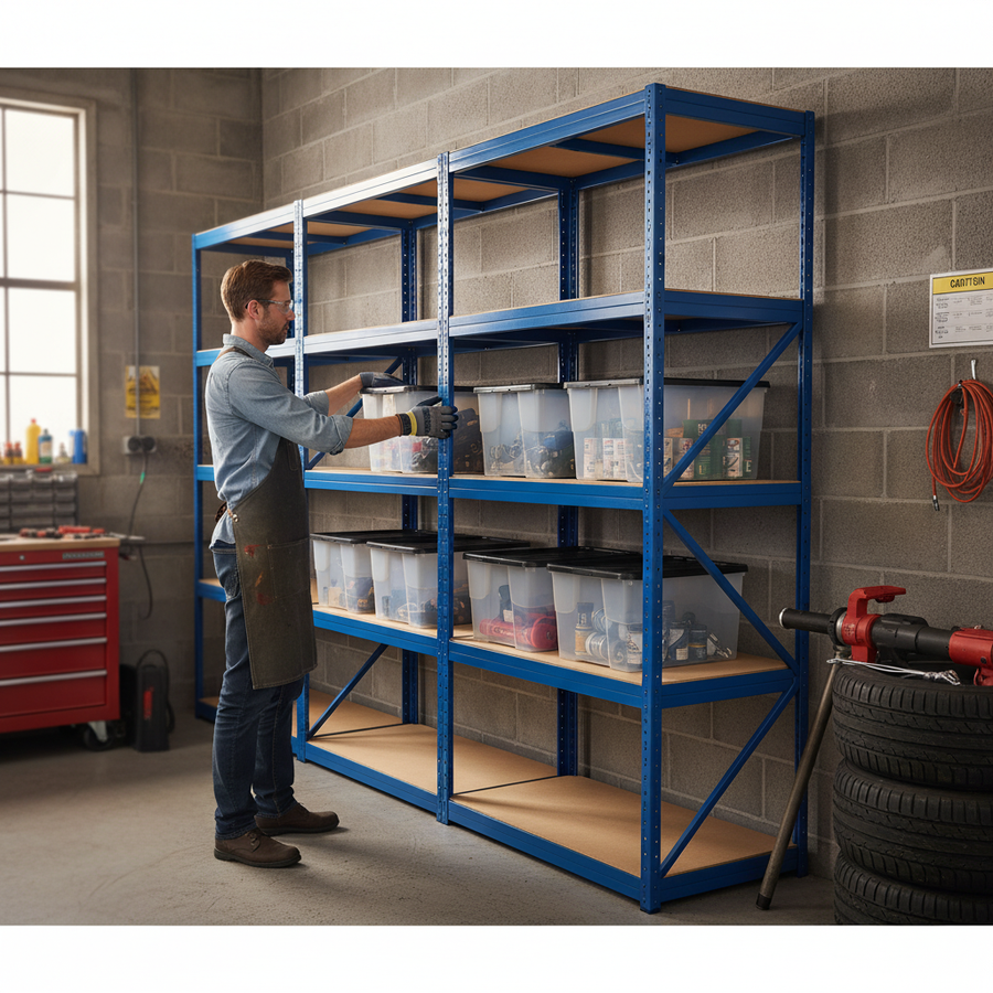 Premium 4x Shelving Units - 1800mm High - Blue with 8x 24L Plastic Storage Boxes - Front view