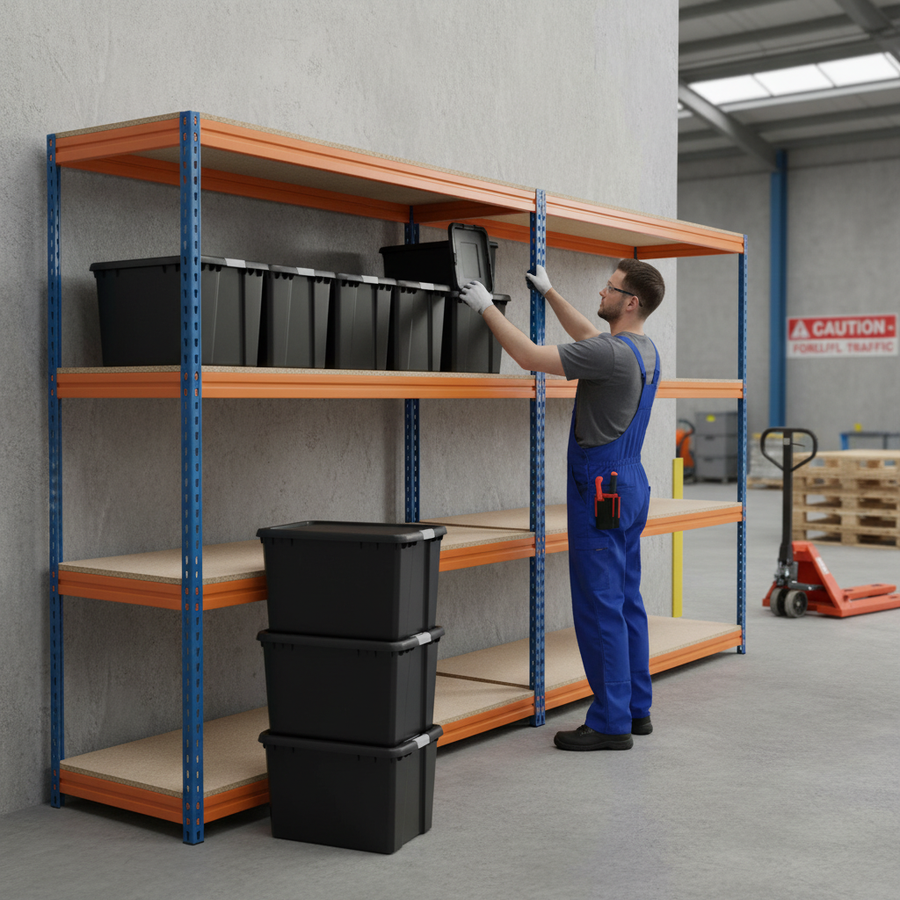 4x Heavy Duty Shelving - 2000mm High - Blue & Orange with 8x 62L Plastic Storage Boxes - Front view