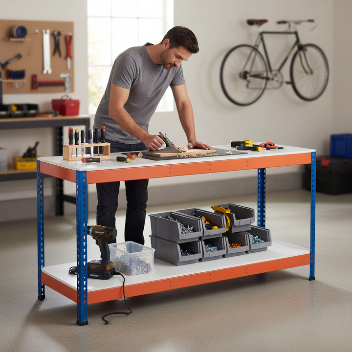 Heavy Duty Workbench - 915mm High - 400kg Capacity - Melamine - Blue/Orange - Front view
