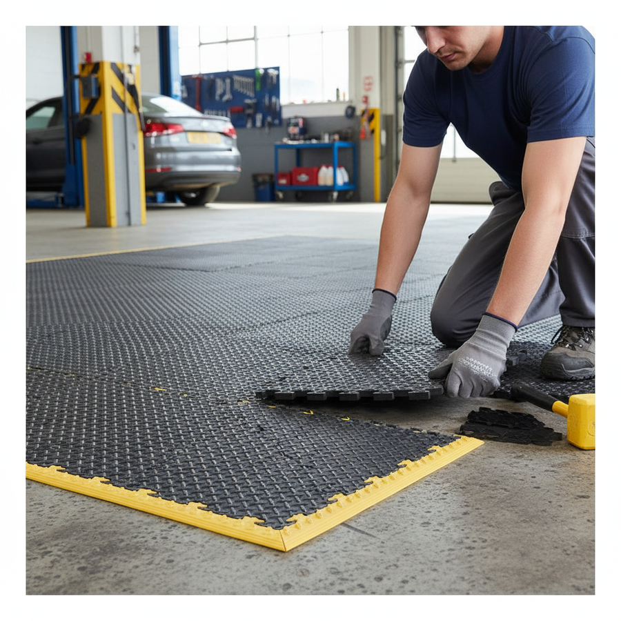 Heavy Duty Interlocking Floor Tiles Kit - Checker Plate Surface - Front view