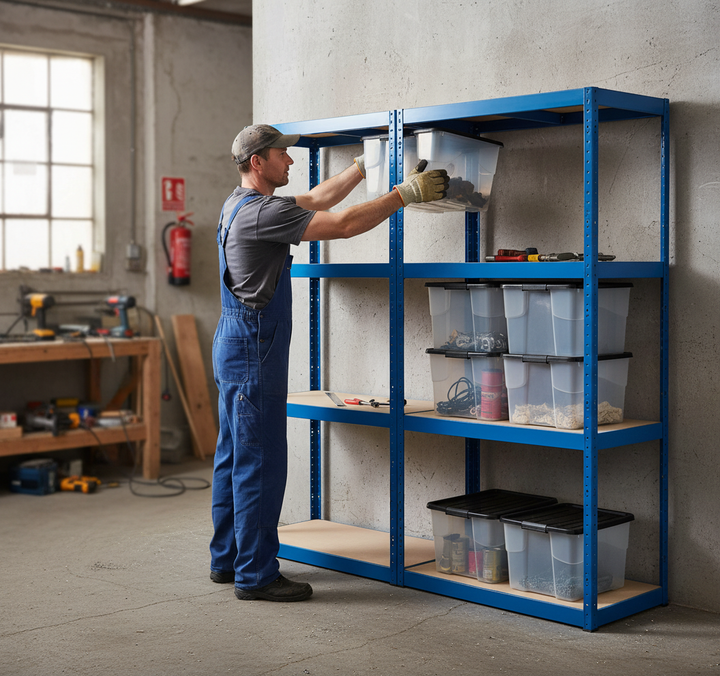 2x Heavy Duty Shelving Units - 1600mm High - Blue with 8x 24L Plastic Storage Boxes - Front view