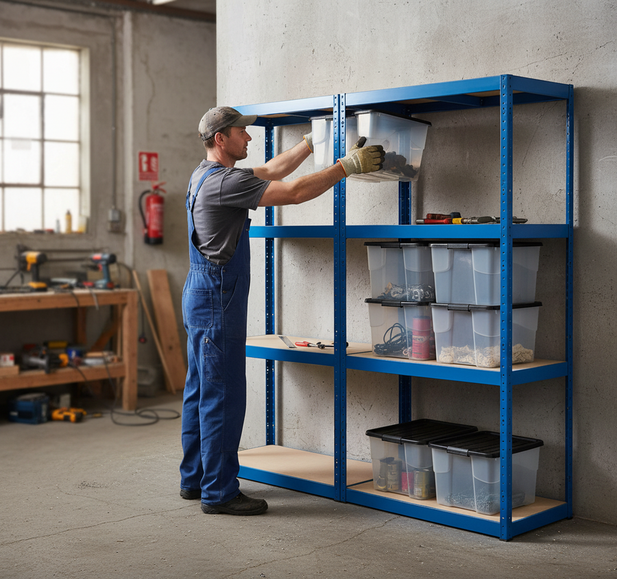 2x Heavy Duty Shelving Units - 1600mm High - Blue with 8x 24L Plastic Storage Boxes - Front view