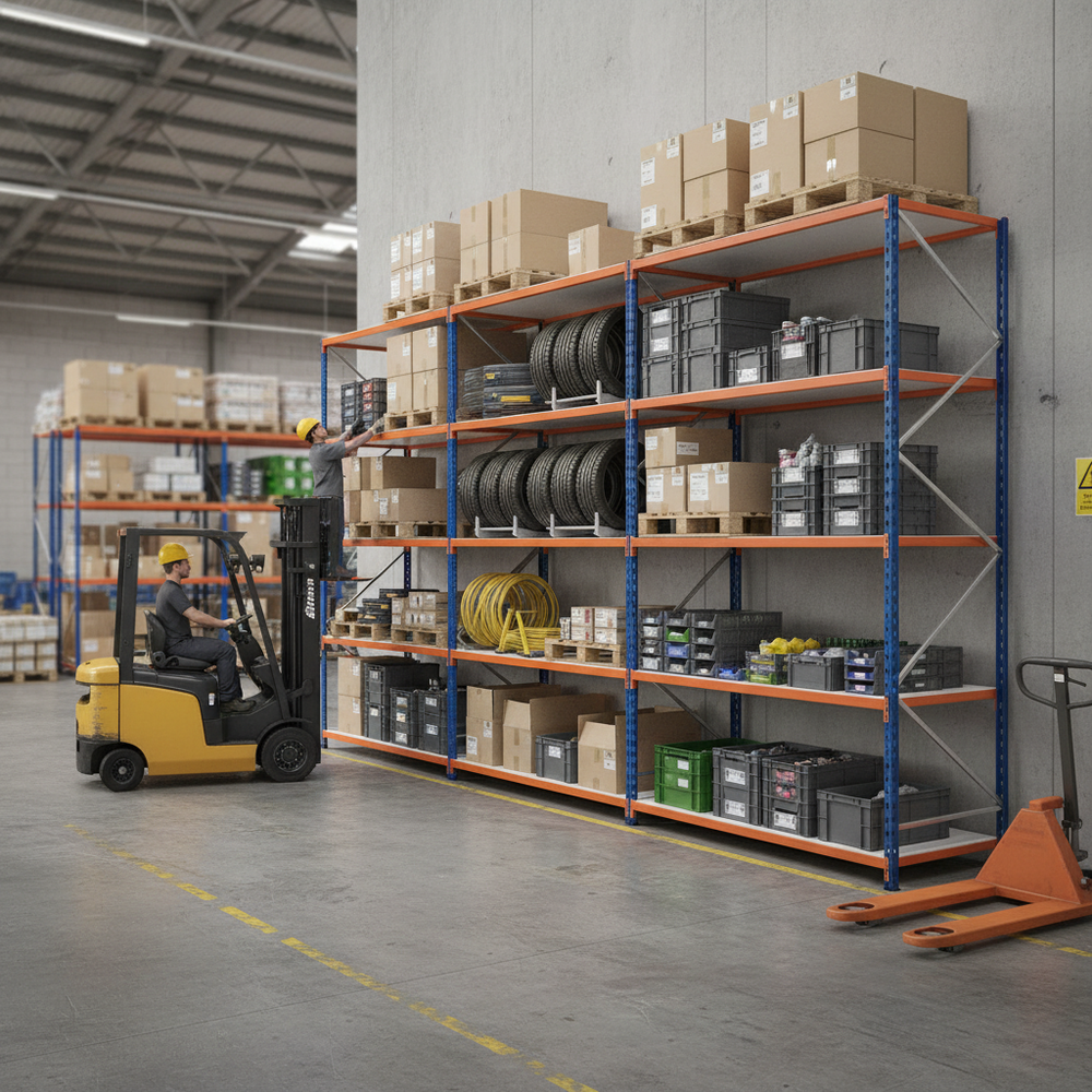 Premium Industrial Shelving - 2440mm High - 200kg Capacity - Melamine - Blue & Orange - Side view