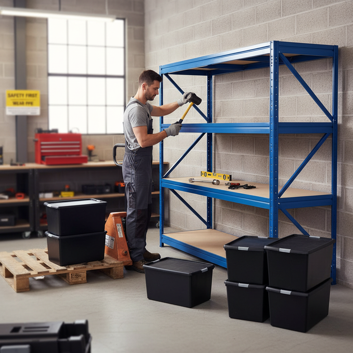 3x Heavy Duty Shelving - 1770mm High - Blue with 8x 62L Plastic Storage Boxes - Front view