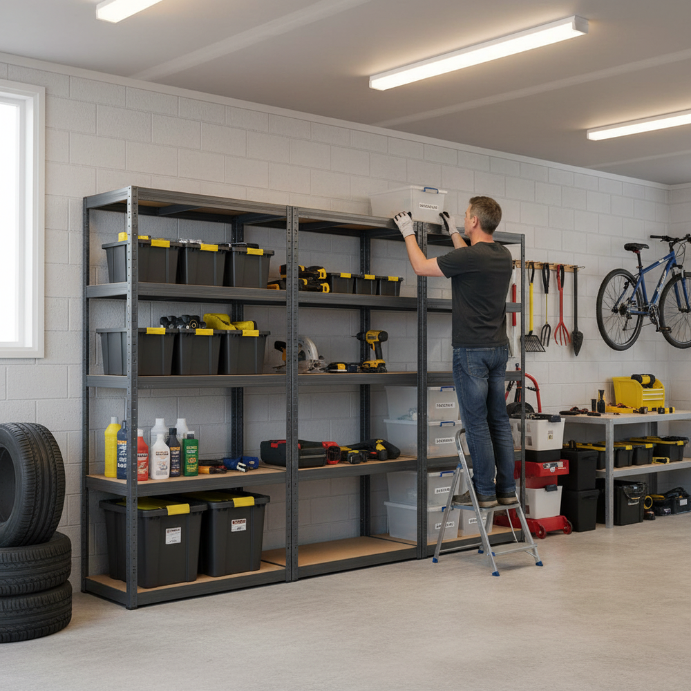 3x Heavy Duty Shelving Units - 2130mm High - Grey with 8x 33.5L Storage Boxes - Side view