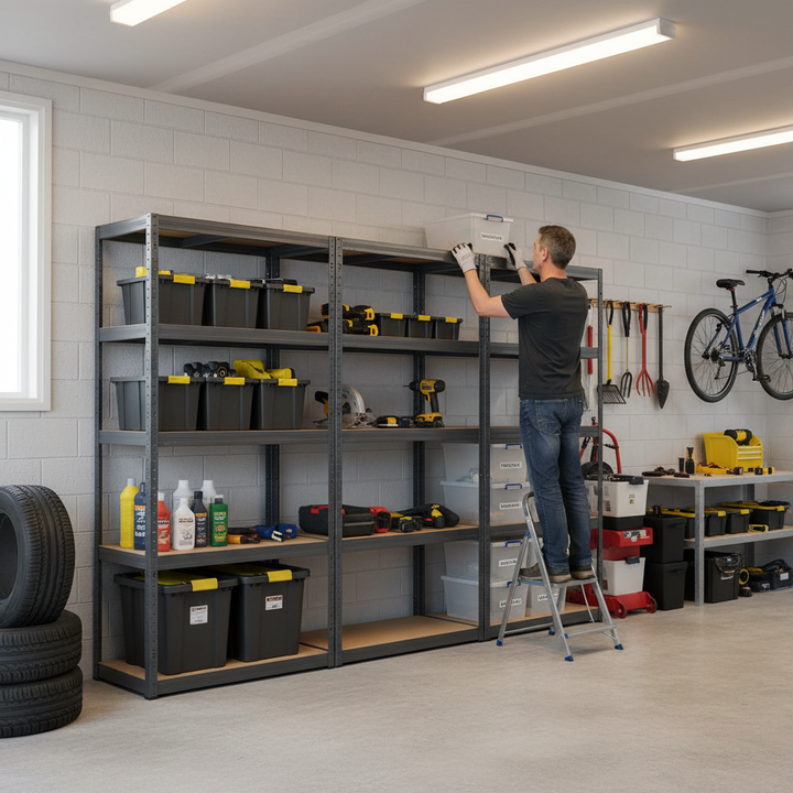 3x Heavy Duty Shelving Units - 2130mm High - Grey with 8x 33.5L Storage Boxes - Side view