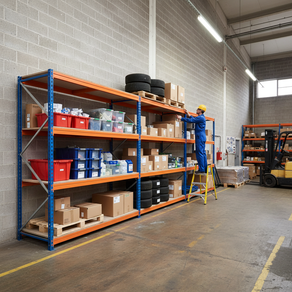 4x Heavy Duty Garage Shelving - 1600mm High - 500kg Load Capacity - Blue & Orange - Side view