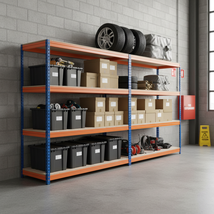 4x Heavy Duty Garage Shelving - 1600mm High - 500kg Load Capacity - Blue & Orange - Front view