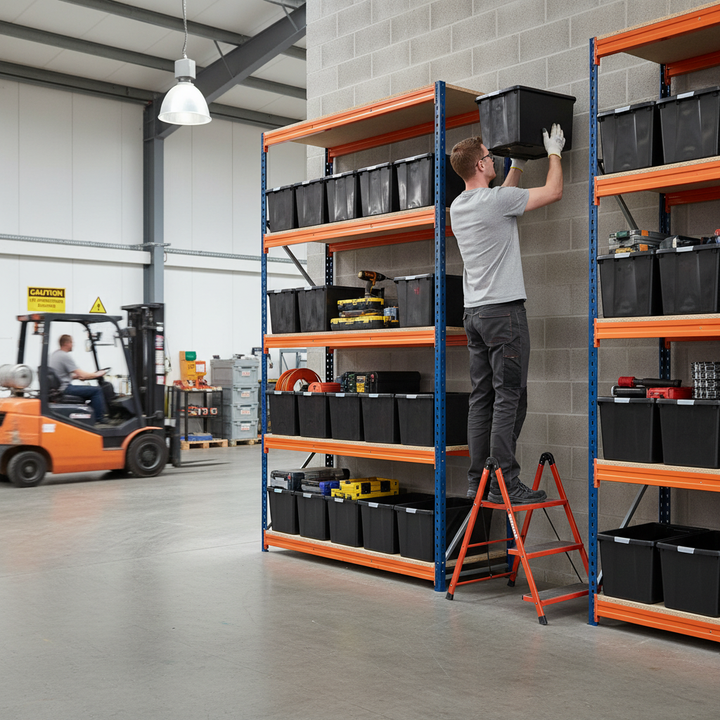 Premium Heavy Duty Shelving - 2200mm High with 8x 62L Plastic Storage Boxes - Side view