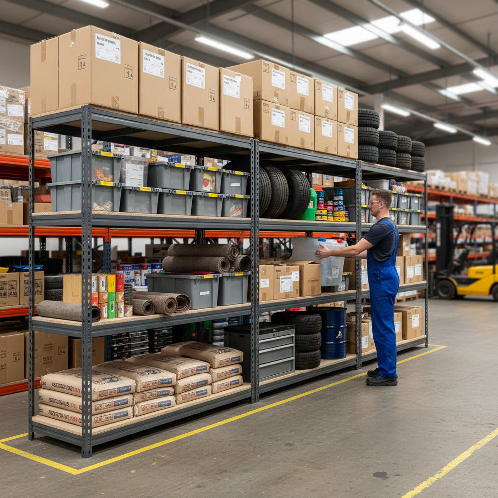 3x Premium Heavy Duty Garage Shelving - 2000mm High - 500kg Capacity - Grey - Side view