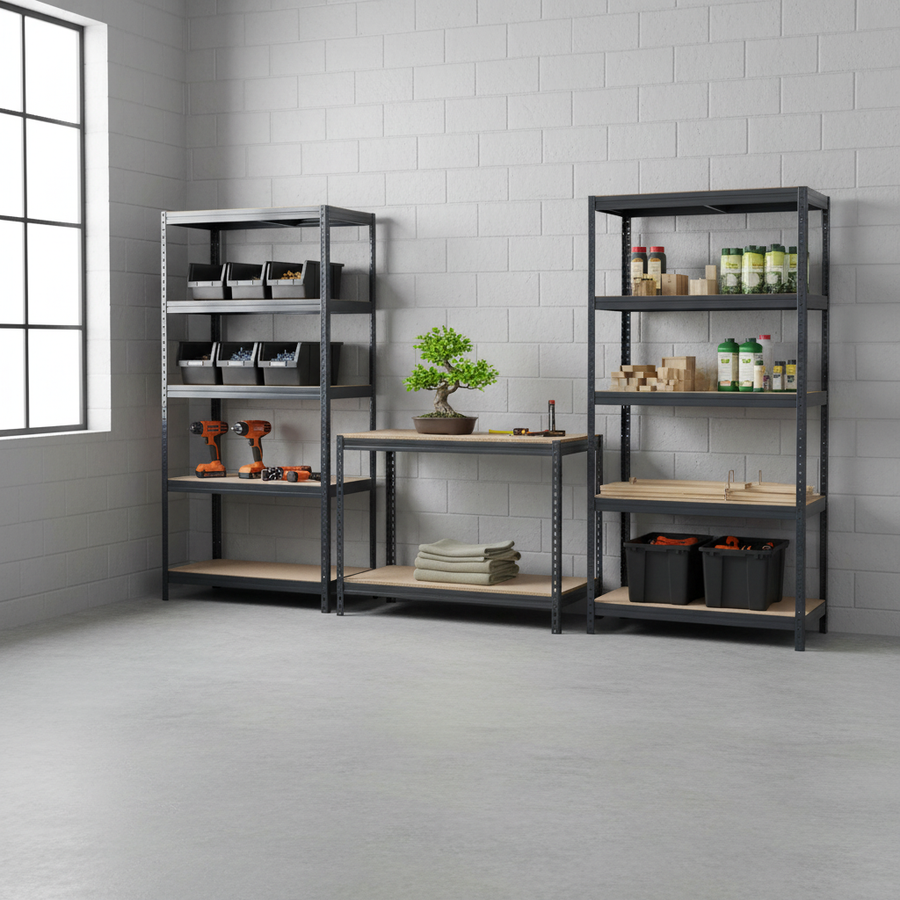Premium 2x Shelving Units & 1x Workbench - Heavy Duty Storage Solution - Front view