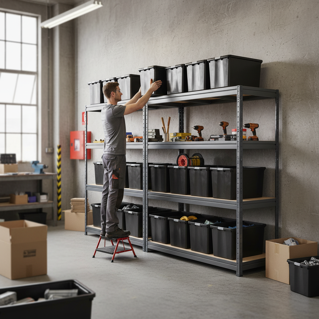 4x Premium Heavy Duty Shelving - 1770mm High - Grey with 12x 62L Storage Boxes - Front view