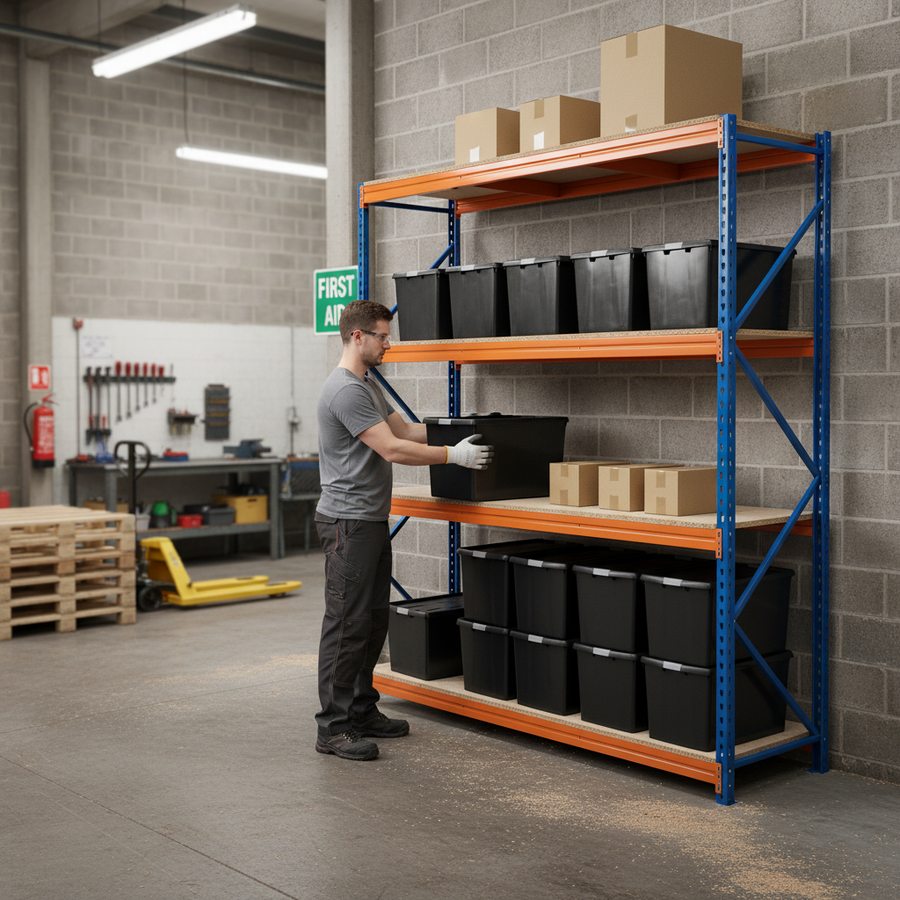 Heavy Duty Shelving with 12x 62L Plastic Storage Boxes - 1600mm High - Front view