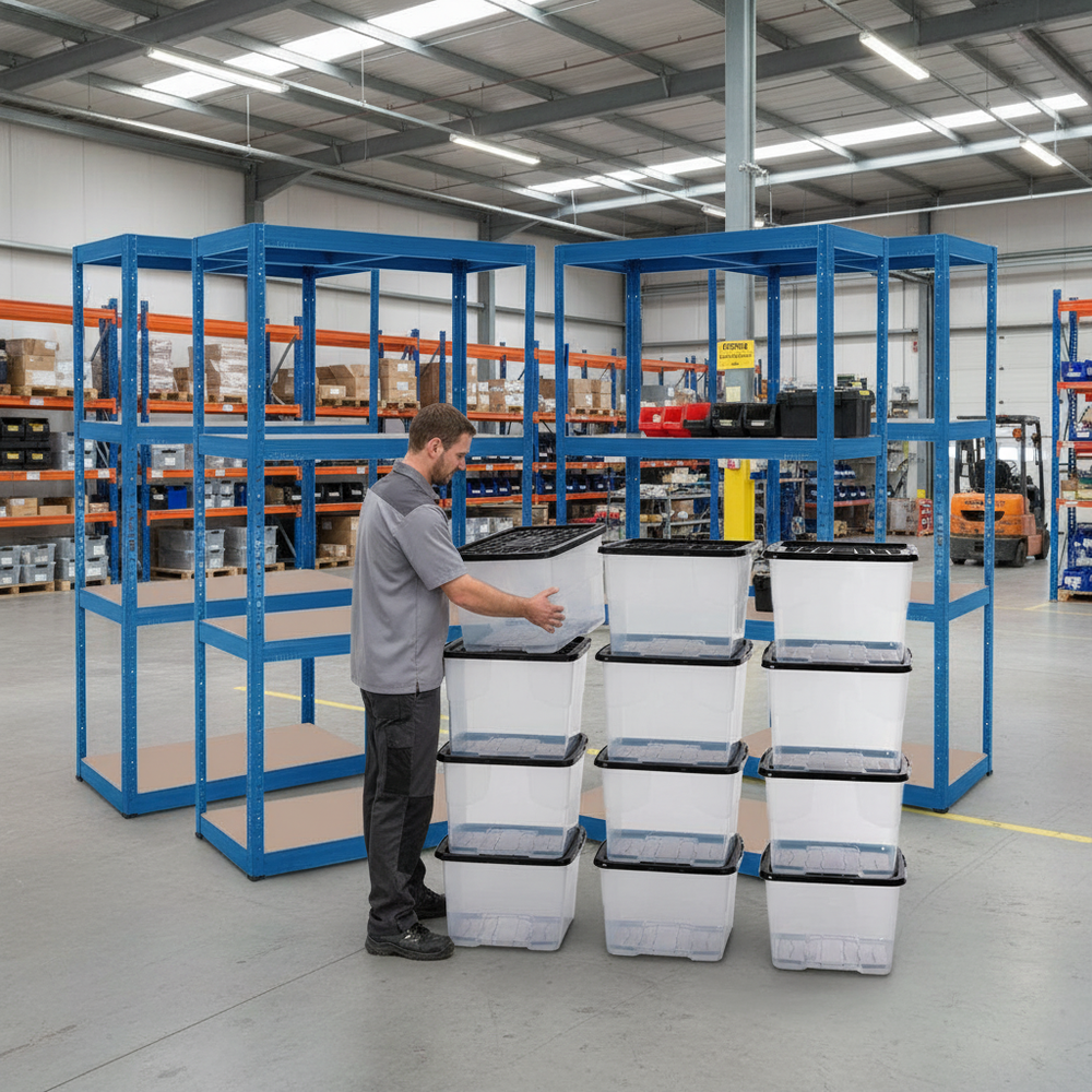 4x Heavy Duty Shelving Units - 1600mm High with 12x 24L Plastic Storage Boxes - Side view