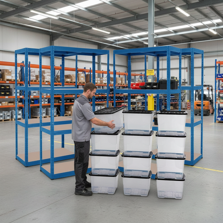 4x Heavy Duty Shelving Units - 1600mm High with 12x 24L Plastic Storage Boxes - Side view