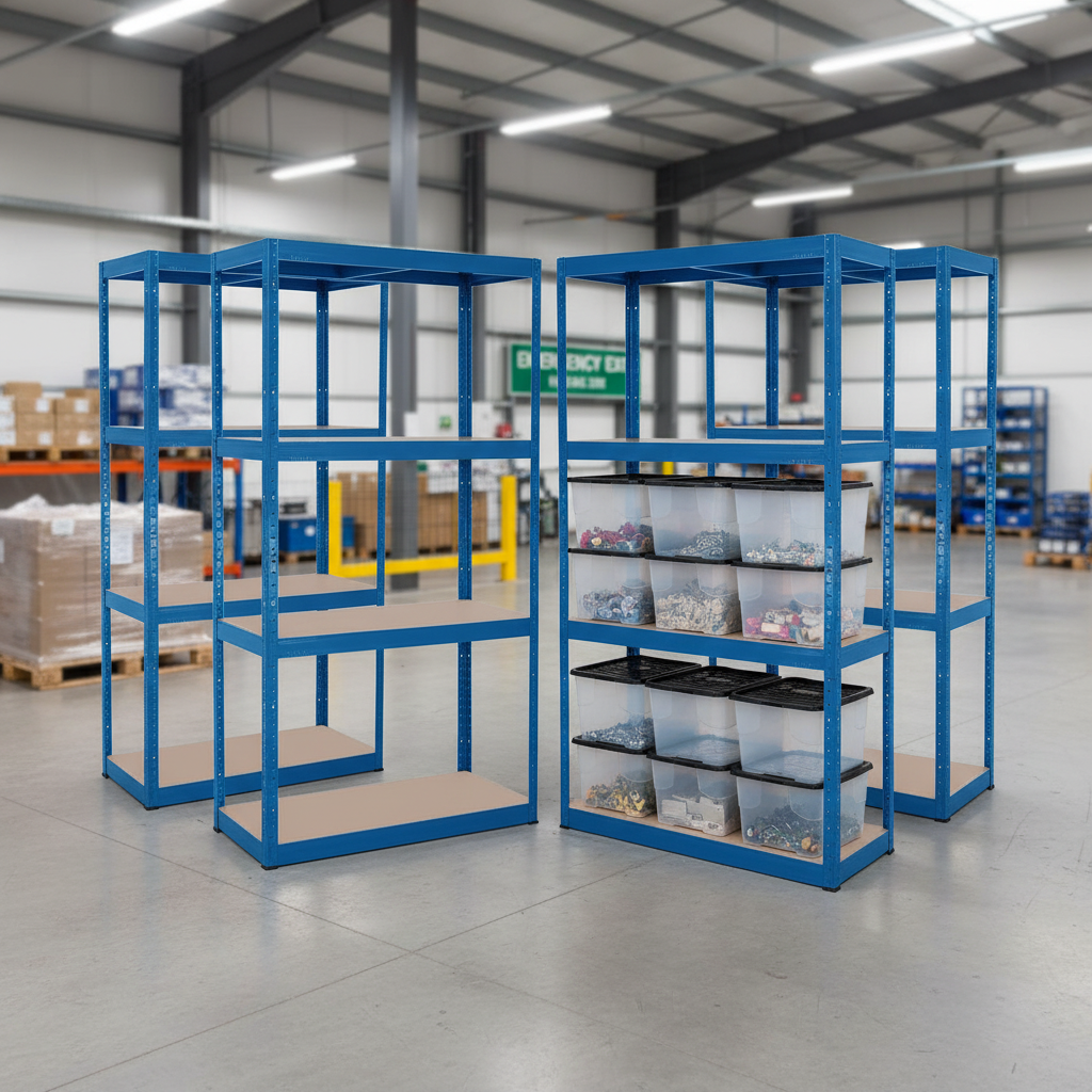 4x Heavy Duty Shelving Units - 1600mm High with 12x 24L Plastic Storage Boxes - Front view