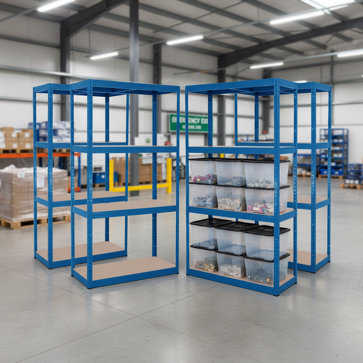 4x Heavy Duty Shelving Units - 1600mm High with 12x 24L Plastic Storage Boxes - Front view